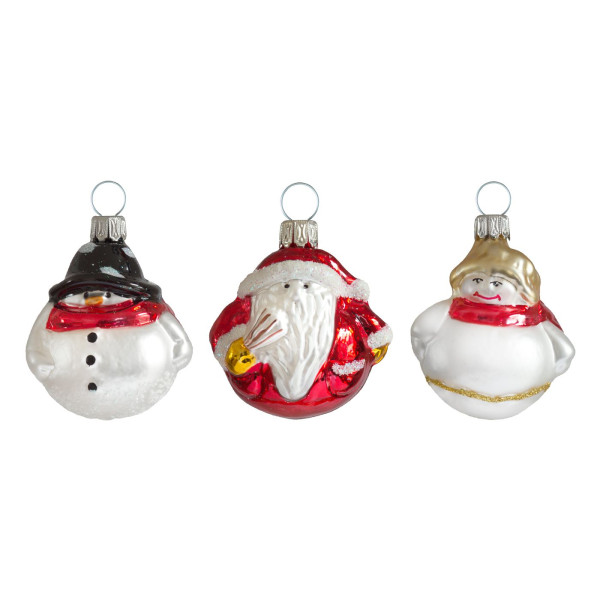 3-teiliges Set kleine kugelige Weihnachtsfiguren Schneemann, Weihnachtsmann, Engel