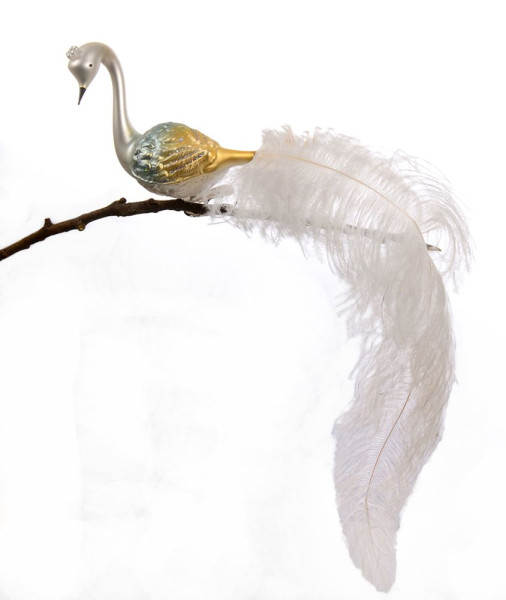 großer Halsvogel, gedrehter Kopf, Krone, lange weiße Feder Nr. 215, weiß, pastellblau, gold, Silberhologrammglimmer