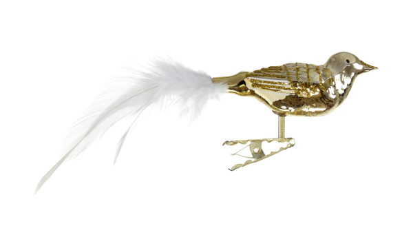 6 cm kleiner breiter Vogel, Feder glanz hellgold