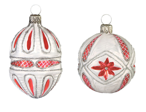 Ornamenten-Set, Sortiment Waffelmuster, 2-fach Eislack weiß, roter Klarlack