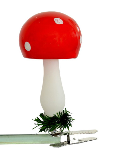 4 cm Pilz auf Clip, freigeblasen weiß, glanz rot