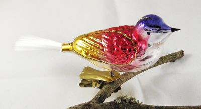 Vogel mit gedrehten Kopf, gespritzt Nr. 19, gold, rot, blau
